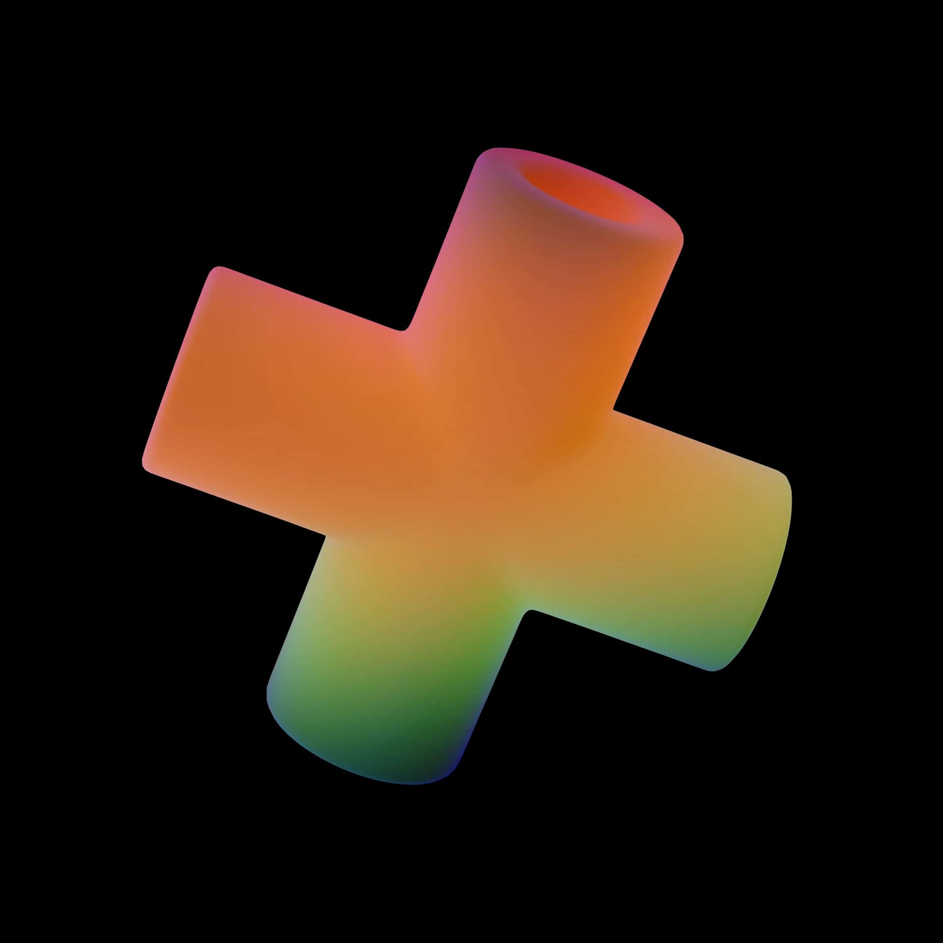 Three-dimensional shape in gradient colors with a black background.
