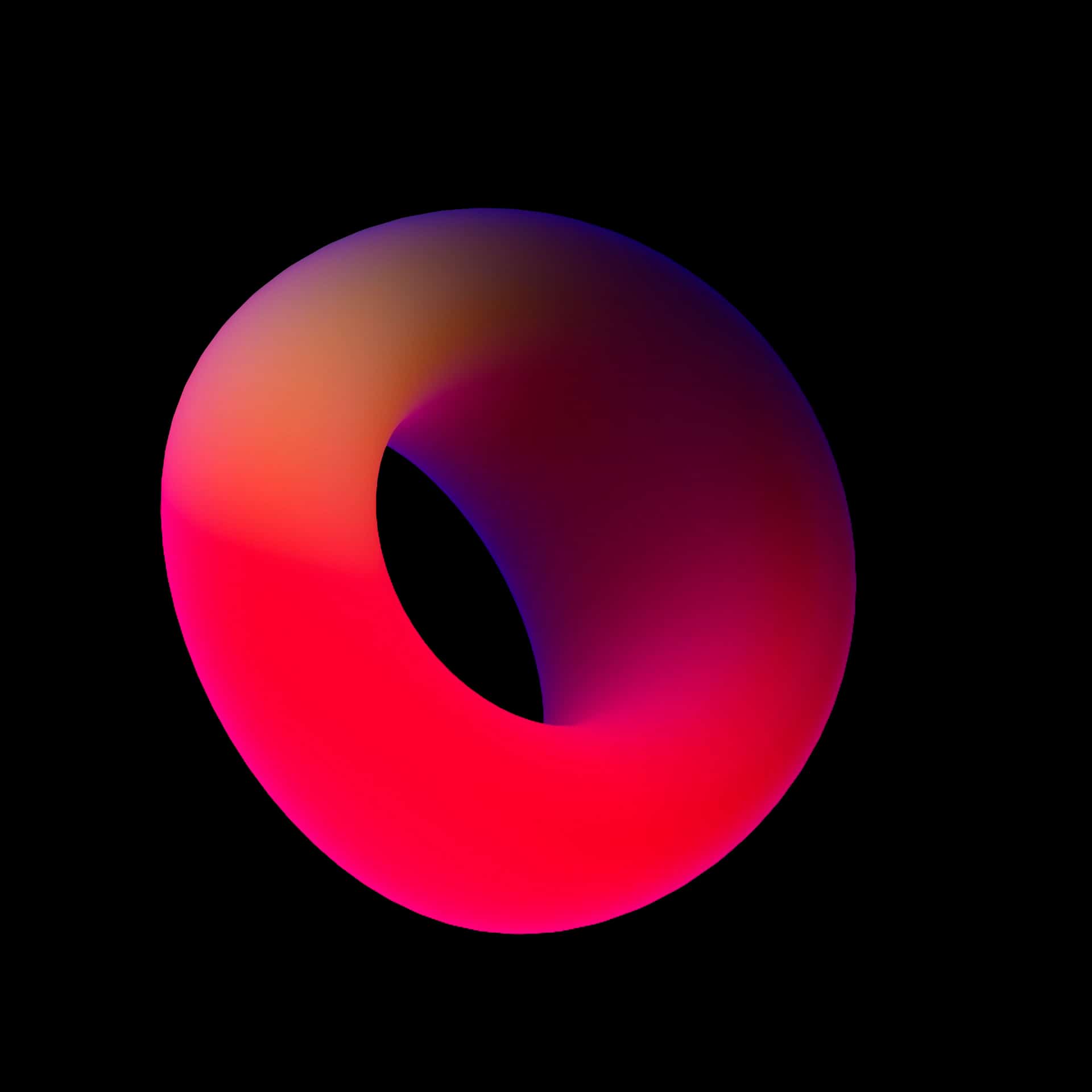 Three-dimensional shape in gradient color with red and purple tones on a black background.