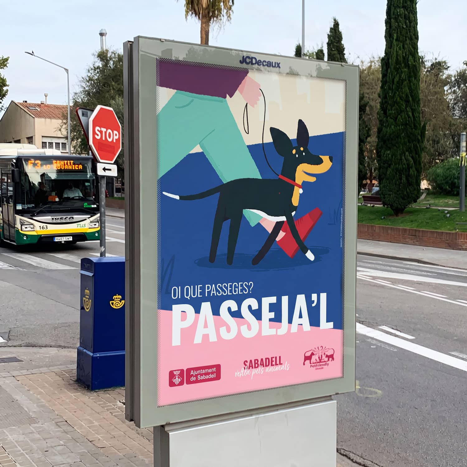 A colorful poster promoting dog walking in Sabadell, featuring a person walking a dog.
