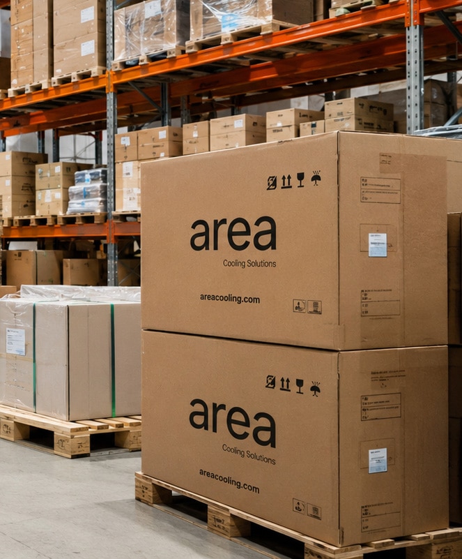 Cajas de cartón apiladas en un almacén con productos de Area Cooling Solutions.