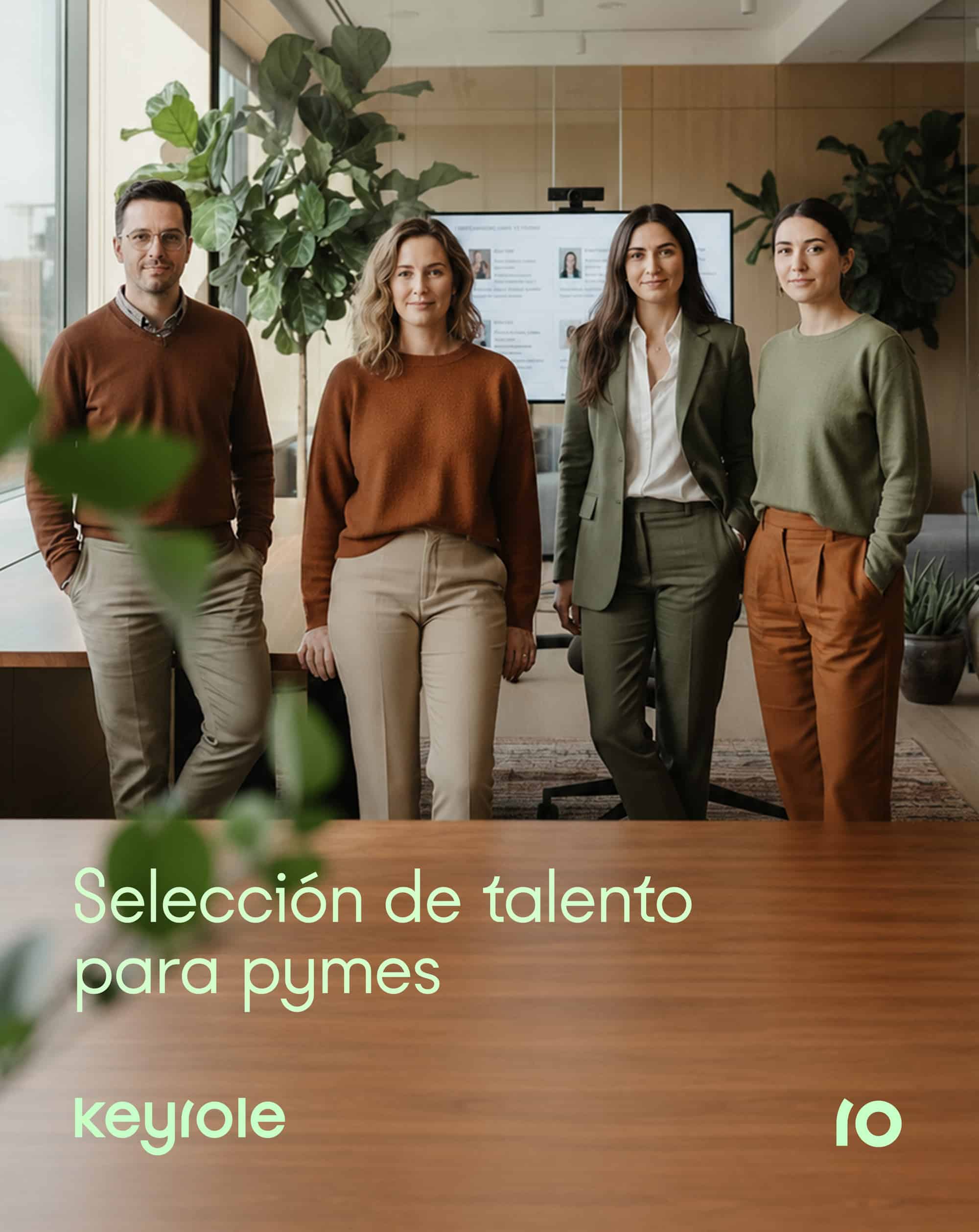Cuatro profesionales posan en una oficina moderna, destacando en la selección de talento para pymes.
