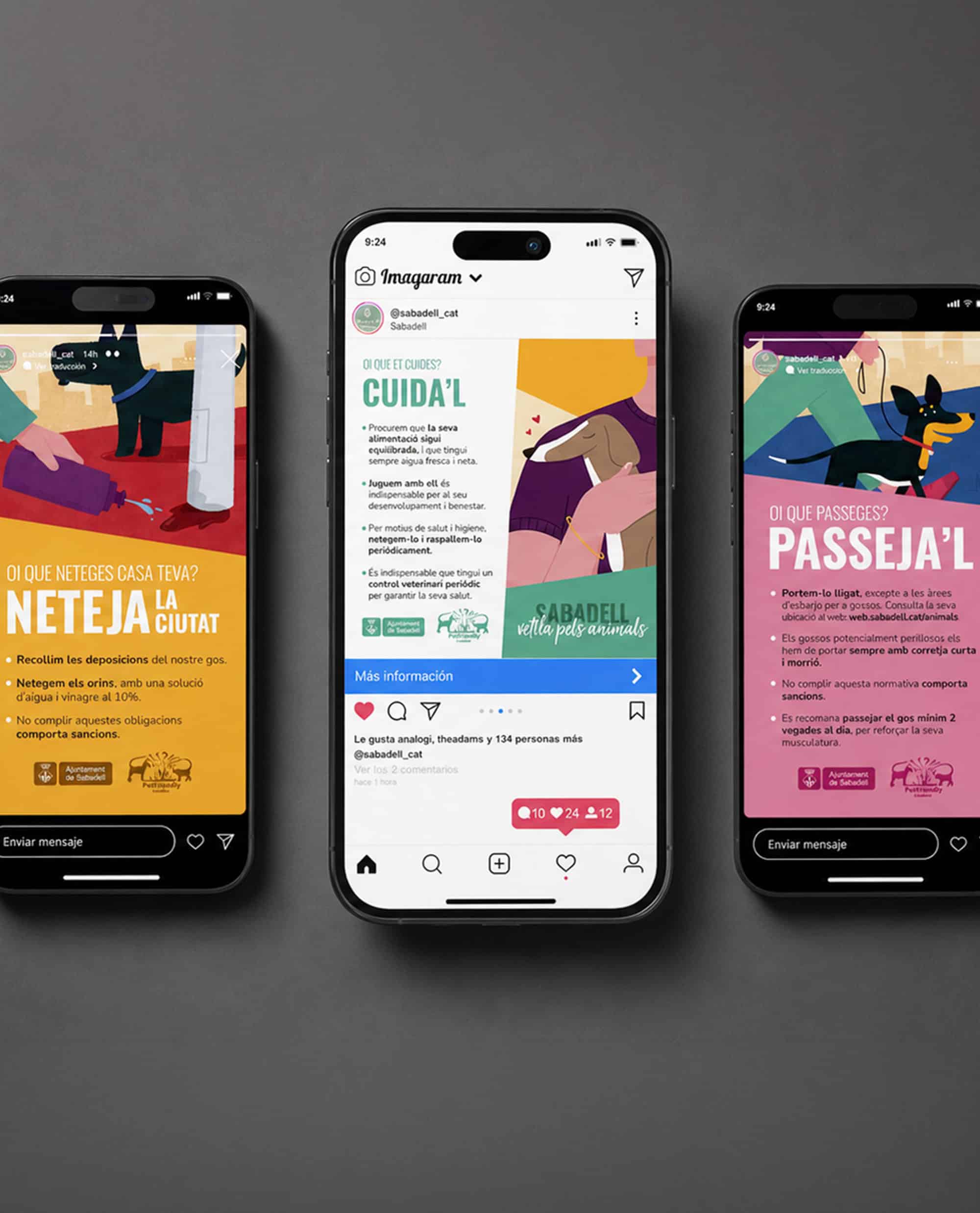 Three smartphones displaying social media posts about urban cleanliness and pet care in Sabadell.