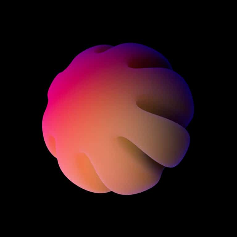 A colorful, abstract 3D shape with smooth curves on a black background.