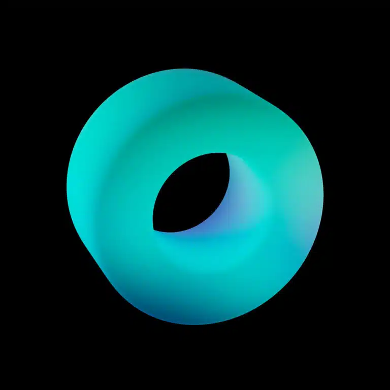 Forma geométrica 3D azul turquesa sobre fondo negro, símbolo de continuidad y renovación digital.